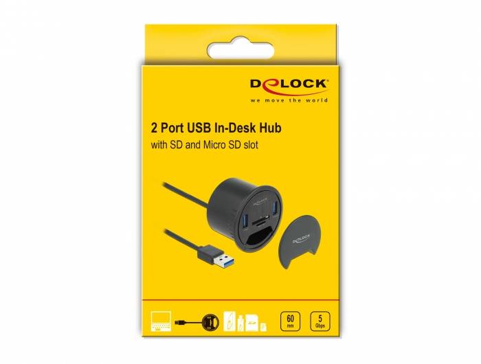Delock 64152 USB-Hub 2 Port USB-A, SD, microSD USB 3.2 Gen1 5 GBit/s Schwarz 64152-3