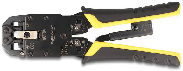 Delock 90523 90523 Crimpzange Quetschverbinder, Modularstecker, Westernstecker Inkl. Abisolierwerkzeug, Inkl. Kabelschneider RJ50, RJ11, RJ45, Modularstecker, RJ12