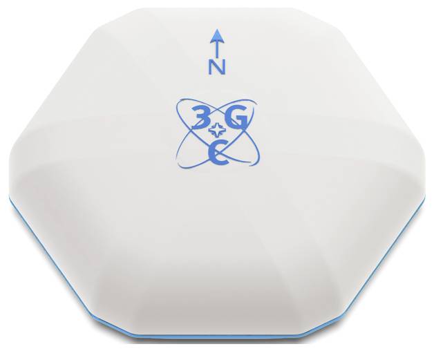 Weißes, achteckiges Gerät mit blauen Symbolen und einem Pfeil, der nach Norden zeigt.