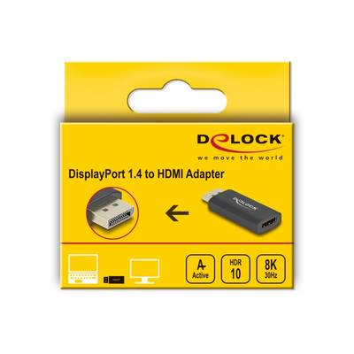'Verpackung eines Delock DisplayPort 1.4 zu HDMI Adapters mit HDR10 und 8K Unterstützung bei 30Hz, geeignet für PC und Laptop.'