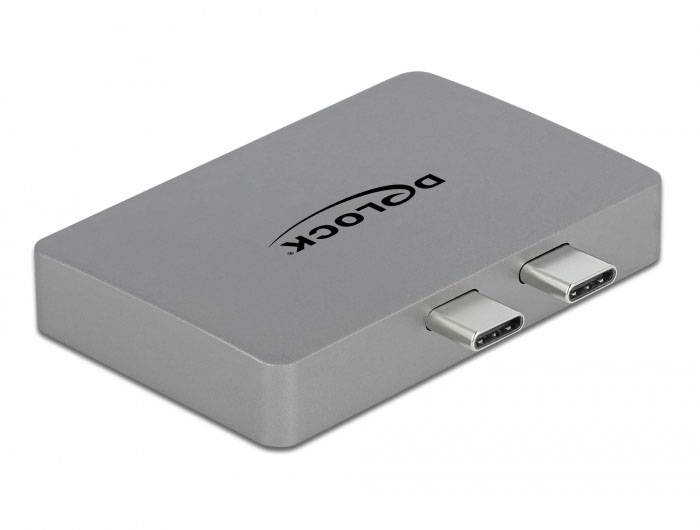 Ein silberner Adapter mit zwei USB-C-Anschlüssen und dem 'Delock' Logo obenauf.