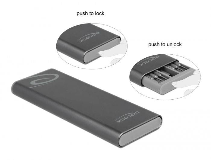 Externe Festplatte mit Schiebemechanismus: Schieben, um zu verriegeln oder zu entriegeln. Geöffnet zeigt sie drei USB-Anschlüsse.