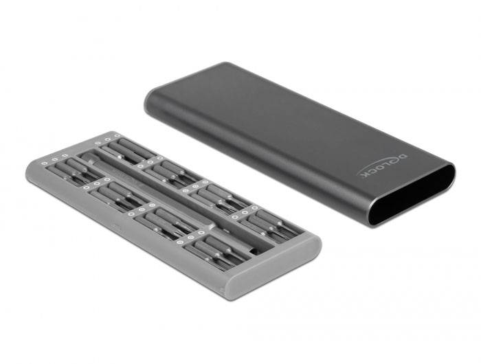 Ein schwarzes Etui und ein Set grauer Schraubendreheraufsätze mit verschiedenen Größen.