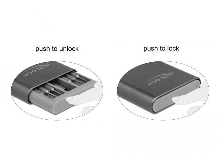 Zwei Abbildungen nebeneinander zeigen die Bedienung eines Gerätes: links 'push to unlock' mit geöffneter Seite, rechts 'push to lock' im geschlossenen Zustand.