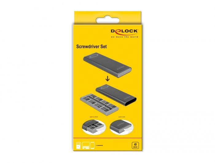 'Schraubendreher-Set' von Delock, Verpackung enthält Bild des Sets mit mehreren Schraubendrehereinsätzen und einem magnetischen Gehäuse.