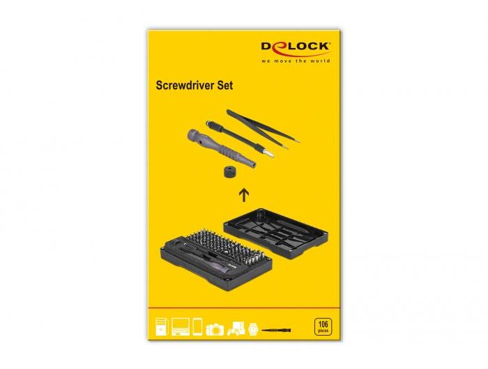 'Schraubendreher-Set' Verpackung zeigt diverse Werkzeuge: Schraubendreher, Pinzetten, Bit-Set. Geeignet für Elektronikreparaturen.