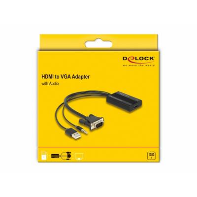 'HDMI to VGA Adapter mit Audio' für die Verbindung von HDMI-kompatiblen Geräten mit VGA-Anzeigegeräten. Enthält HDMI, VGA und USB-Kabel.