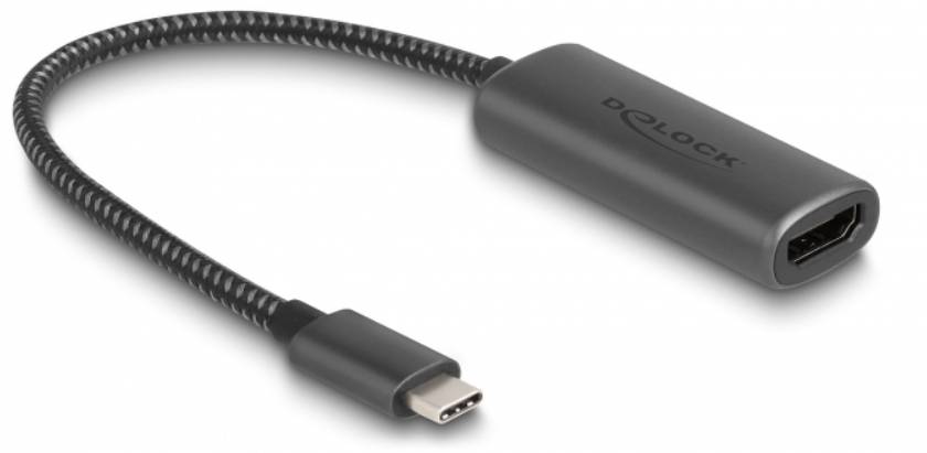 USB-C zu HDMI Adapter mit schwarzem, flexiblem Kabel, für Video- und Audioübertragung von Geräten mit USB-C-Ausgang zu HDMI-Bildschirmen.
