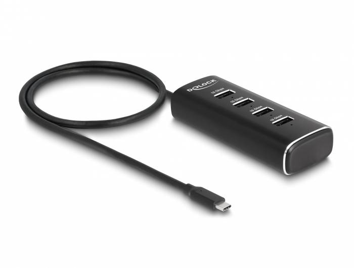 Delock 64233 USB-Hub 4 Port USB-A, DC-Buchse 3.5 mm USB 3.2 Gen2 10 GBit/s mit USB-C® Stecker Schwarz 64233-1