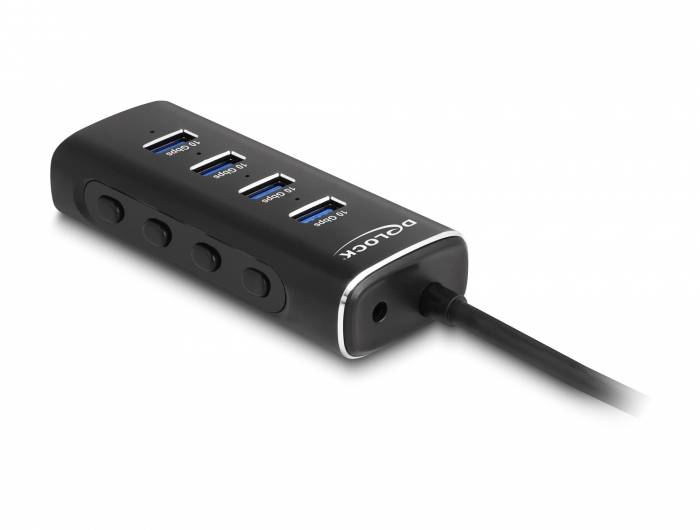 Delock 64233 USB-Hub 4 Port USB-A, DC-Buchse 3.5 mm USB 3.2 Gen2 10 GBit/s mit USB-C® Stecker Schwarz 64233-2