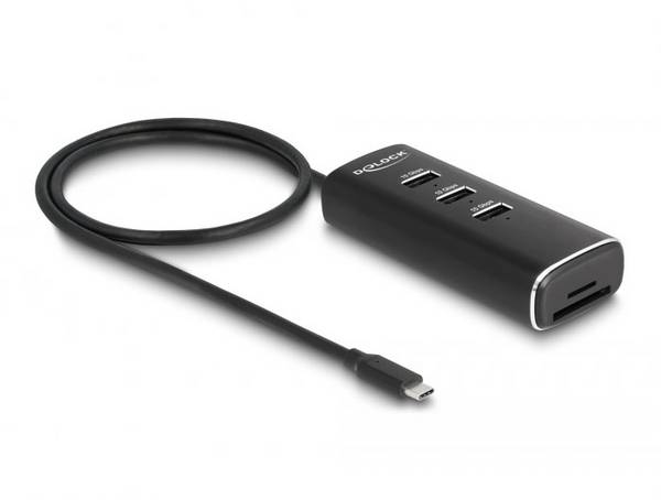 Delock 64234 USB-Hub 3 Port USB-A, SD, microSD, DC-Buchse 3.5 mm USB 3.2 Gen2 10 GBit/s mit USB-C® Stecker Schwarz 64234