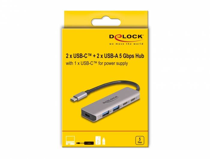 Delock 64239 USB-Hub 2+2 Port USB-A, USB-C® USB 3.2 Gen1 5 GBit/s mit USB-C® Stecker Grau 64239-3