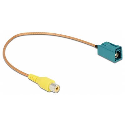 Ein gelbes Adapterkabel mit einem weiblichen RCA-Stecker auf der einen Seite und einem blauen Fakra-Stecker auf der anderen.