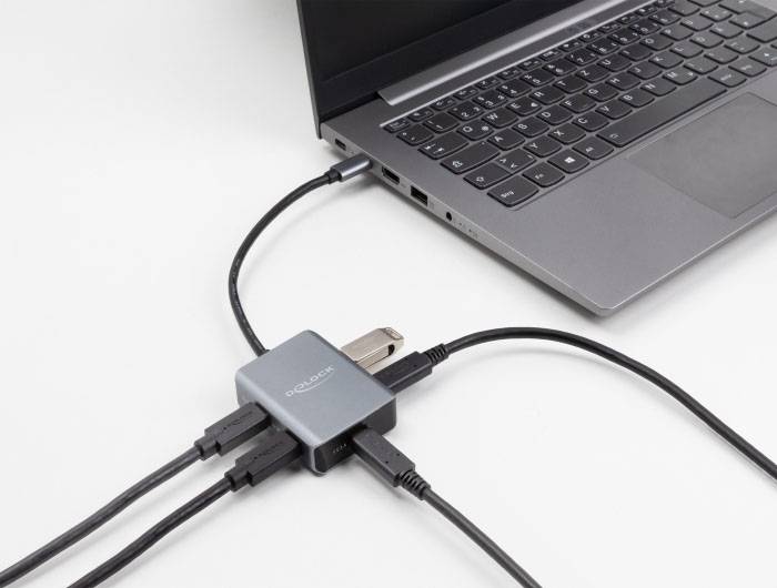 Delock 64249 USB-Hub 4 Port USB-C® USB 3.2 Gen2 10 GBit/s mit USB-C® Stecker Schwarz, Grau 64249-2