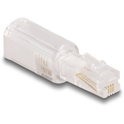 Ein RJ45-Stecker, transparent, mit goldfarbenen Kontakten, wird für Netzwerkverbindungen verwendet.