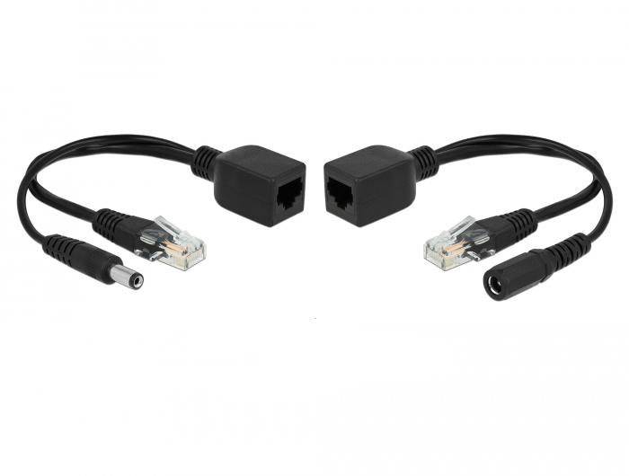 Zwei Ethernet-Kabel mit DC-Kopf, die jeweils einen RJ45-Stecker und einen DC-Stecker besitzen, liegen symmetrisch nebeneinander.