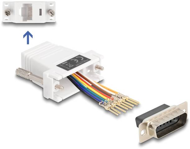 Steckverbinder-Set mit RJ45-Schnittstelle, Kabel und D-Sub-Stecker. Zeigt den Zusammenbau der Komponenten.