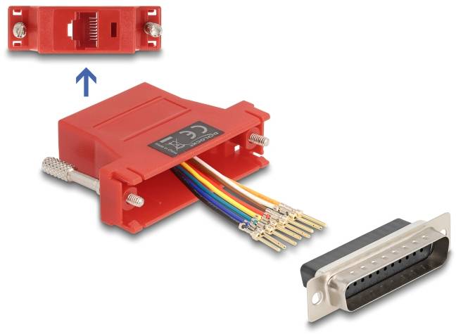 'Red adapter with wiring connectors next to a black plug with metal pins; arrows indicate connection direction'
