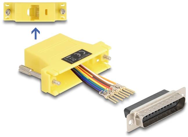 'Ein gelbes Adaptergehäuse zeigt die Öffnung für einen RJ45-Stecker und acht farbige Kabel, die mit einem DB25-Stecker verbunden werden können.'