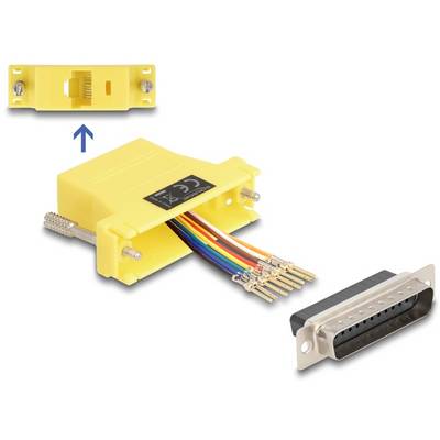 'Ein gelbes Adaptergehäuse zeigt die Öffnung für einen RJ45-Stecker und acht farbige Kabel, die mit einem DB25-Stecker verbunden werden können.'