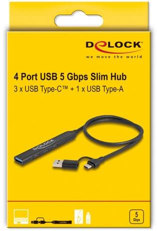 Delock 64272 USB-Hub 3+1 Port USB-A, USB-C® USB 3.2 Gen1 5 GBit/s mit USB-C® Stecker Schwarz 64272-4