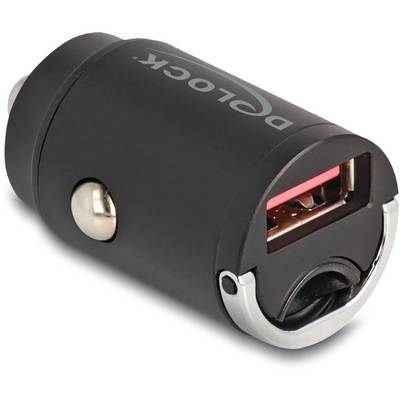 Schwarzes USB-Autoladegerät mit silbernem Knopf und rotem USB-Port, geeignet für den Anschluss von Geräten während der Fahrt.