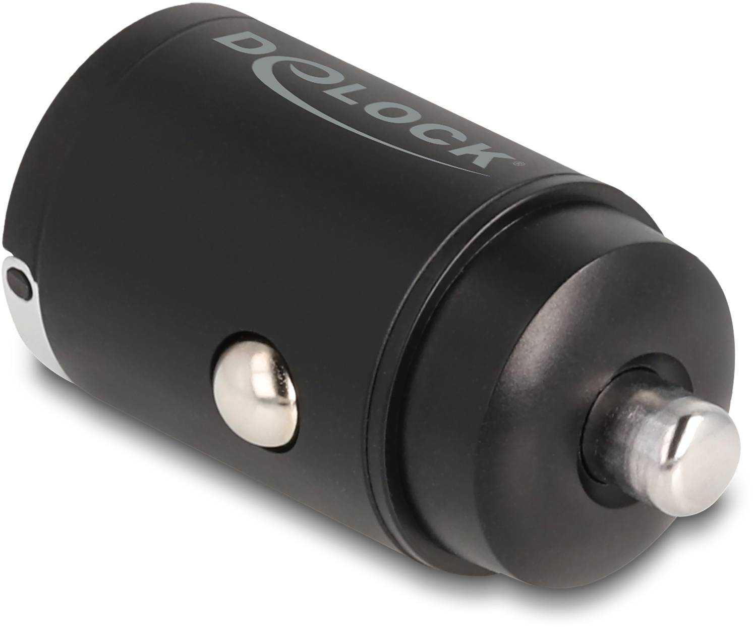 Schwarz-silvernes DC-Kfz-Ladegerät-Adapter von Delock, zylindrisch mit Metallspitze und USB-Anschluss auf der Rückseite.