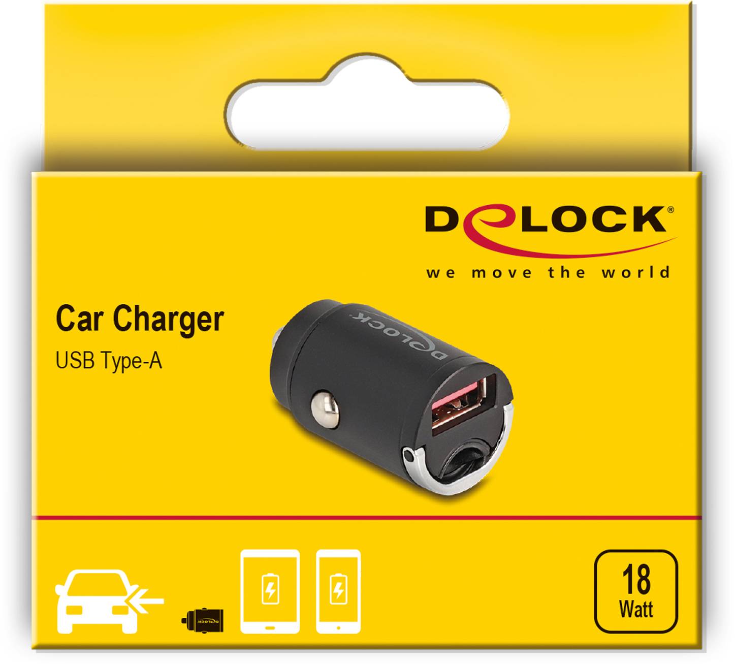 'Delock' Auto-Ladegerät Verpackung, USB Type-A Anschluss, 18 Watt, schwarzes Ladegerät auf gelbem Hintergrund.