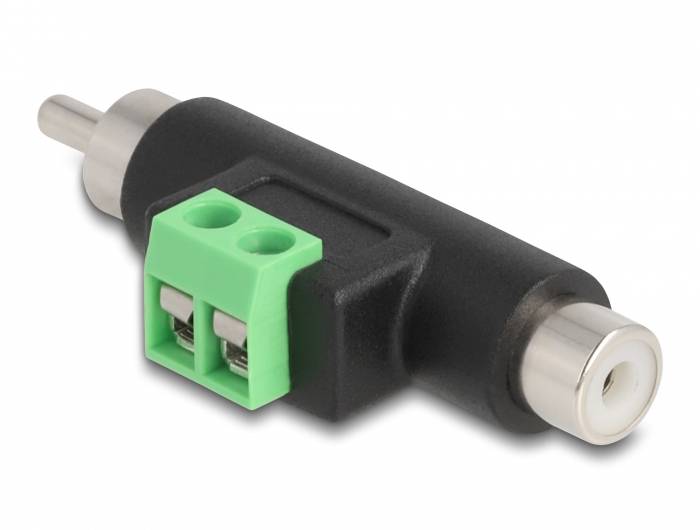 Ein schwarzer Adapter mit zwei Metallanschlüssen und einem grünen Kunststoffanschlussblock mit zwei Schraubklemmen in der Mitte.