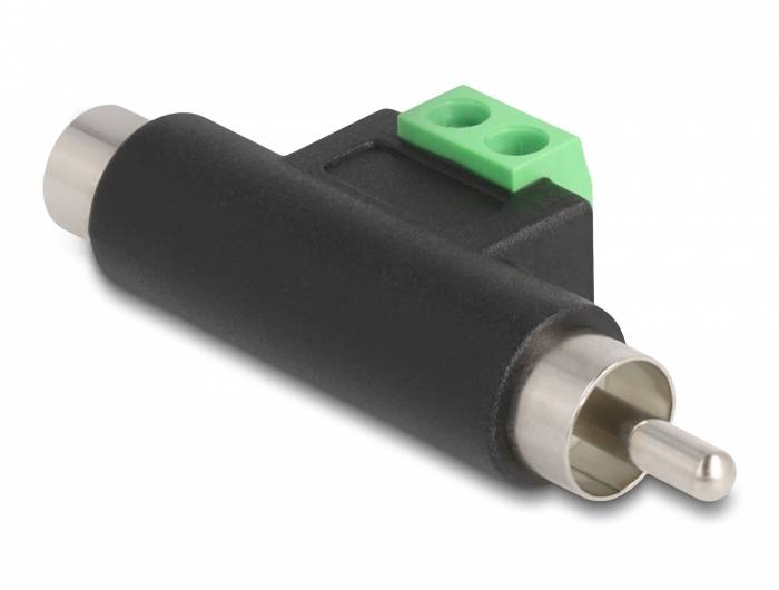 Ein schwarzer und silberner Adapterstecker mit einem grünen Anschlussblock, geeignet für elektronische Verbindungsanwendungen.