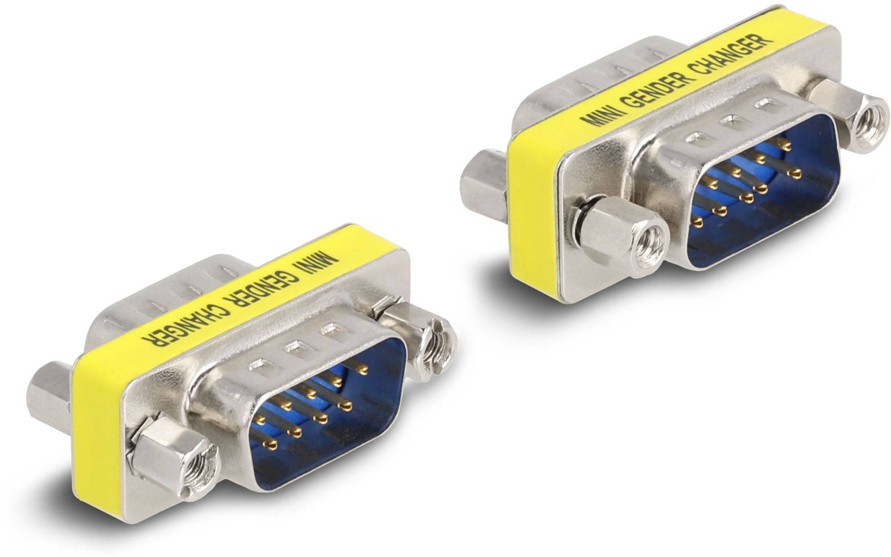 'Zwei VGA-Gender-Changer-Adapter mit gelben Etiketten und blauen Steckern.'