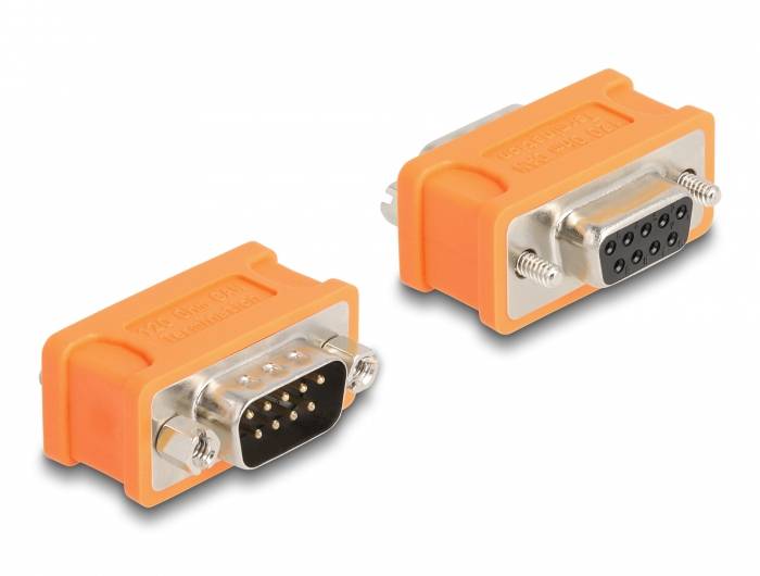 'Orange Adapter mit einem DB9-Stecker und einer DB9-Buchse, für serielle Verbindungen geeignet.'
