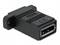 Ein schwarzer HDMI-Adapter, geeignet zum Anschließen von HDMI-Kabeln an Geräte, mit CE-Kennzeichnung auf der Oberseite.