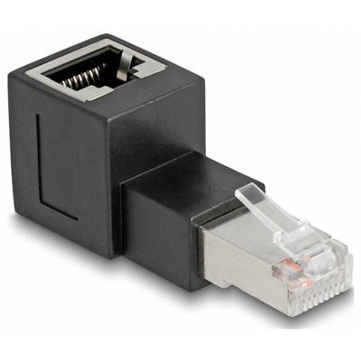 Ein schwarzer Ethernet-Adapter mit einer Buchse auf der einen und einem Stecker auf der anderen Seite, dient zur Netzwerkverbindung.