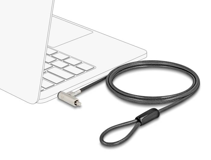Ein Laptop wird mit einem Kabelschloss gesichert. Das Schloss ist mit dem Laptop verbunden, und das Kabel hat eine Schlaufe am Ende.