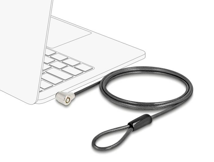 Abgebildet ist ein Laptop-Sicherheitskabel, das an einem Laptop befestigt ist. Es dient zum Schutz vor Diebstahl.