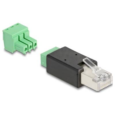 'Zwei elektrische Steckverbinder, einer grün und einer mit schwarzer Abdeckung und RJ45-Stecker, auf weißem Hintergrund.'