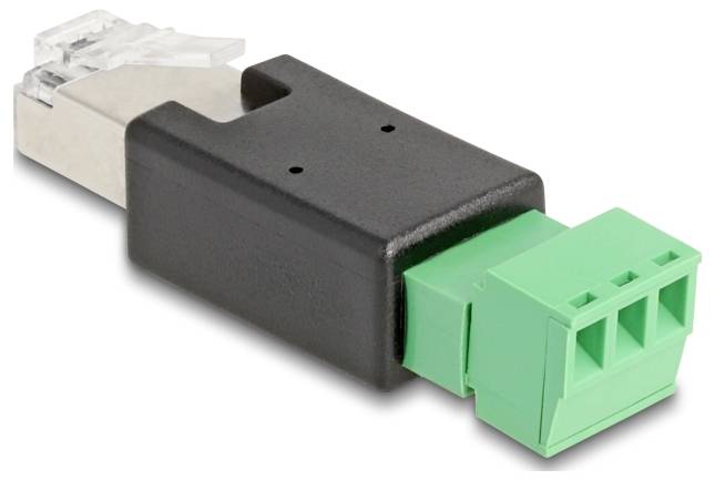 Ein schwarzer und grüner RJ45-Adapter mit Metallstecker und Kabelklemmen, geeignet für Netzwerkverbindungen.