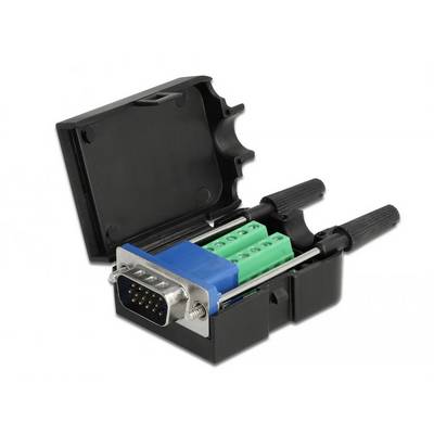 Ein offener DB9-Stecker mit herausragender grüner Steckklemme in einem schwarzen Gehäuse, geeignet für serielle Verbindungen.