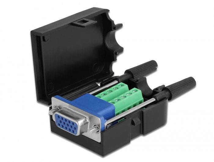 Ein offenes schwarzes Gehäuse mit einem blauen DB9-Adapter und grünen Steckklemmen, geeignet für serielle Verbindungen.