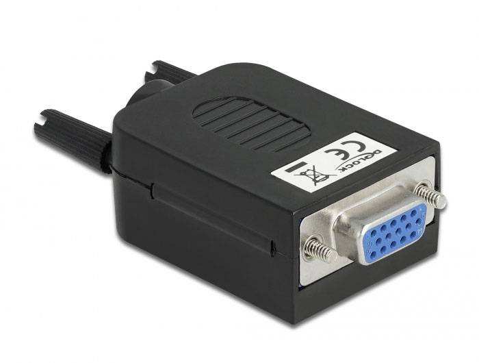 Schwarzer Adapter mit VGA-Anschluss und zwei Schrauben zur Befestigung. Aufkleber zeigt CE-Kennzeichnung und durchgestrichenen Mülleimer.