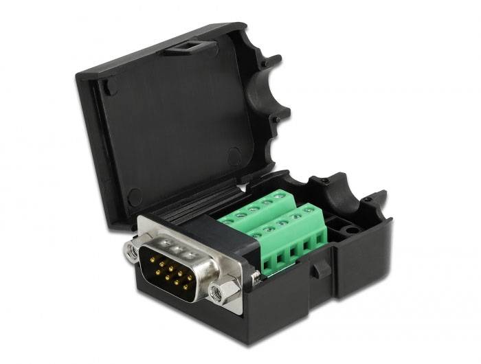 Offener schwarzer Adapter mit DB9-Stecker, zeigt grüne Klemmen für Drahtverbindungen.