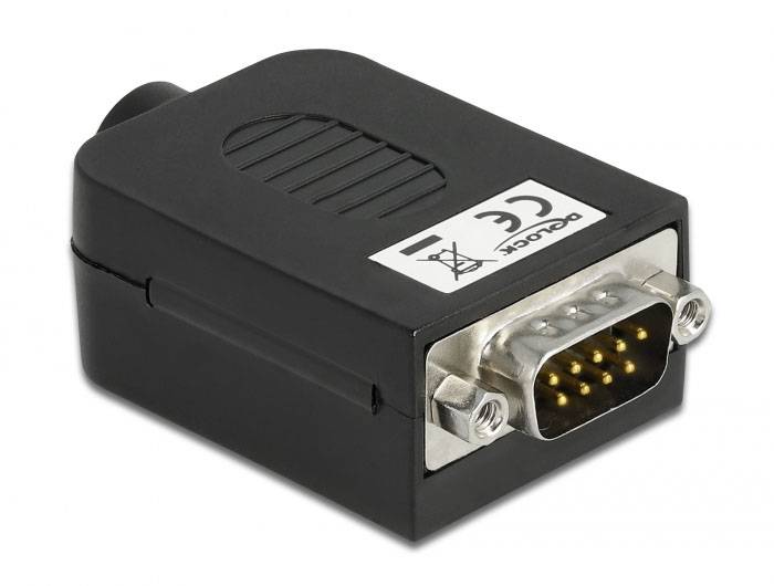 'Schwarzer VGA-Adapter mit mehreren Pins und CE-Kennzeichnung auf der Oberseite.'