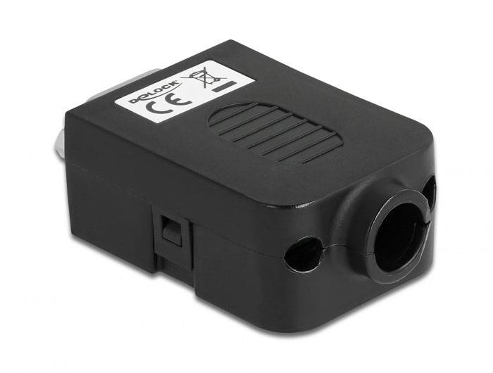 Ein schwarzer Adapter mit einem großen Anschluss und einem Etikett mit CE-Kennzeichnung, auf dem erkennbar ist, dass das Gerät zugelassen ist.
