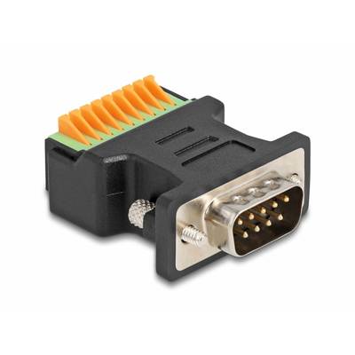 Mehrpoliger schwarzer Steckeradapter mit Metallanschluss und bunten Klemmen für elektrische Verbindungen und Datenübertragungen.