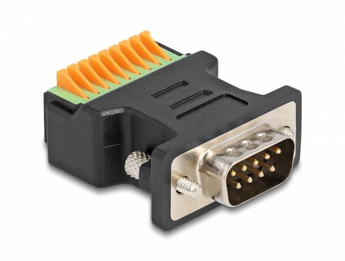 Ein schwarzer Adapter mit VGA-Stecker und farbigen Klemmen auf der Rückseite, geeignet für Verbindungsanwendungen in der Elektronik.