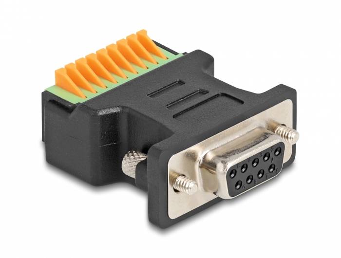 Ein schwarzer VGA-Adapter mit einem Metallstecker auf der rechten Seite und Schraubgewinden, links sind orange und grüne Anschlussklemmen.