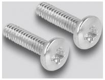 Zwei silberne Metallschrauben mit flachem Kopf und Kreuzschlitz auf grauem Hintergrund. Ideal zur Befestigung von metallischen Bauteilen.