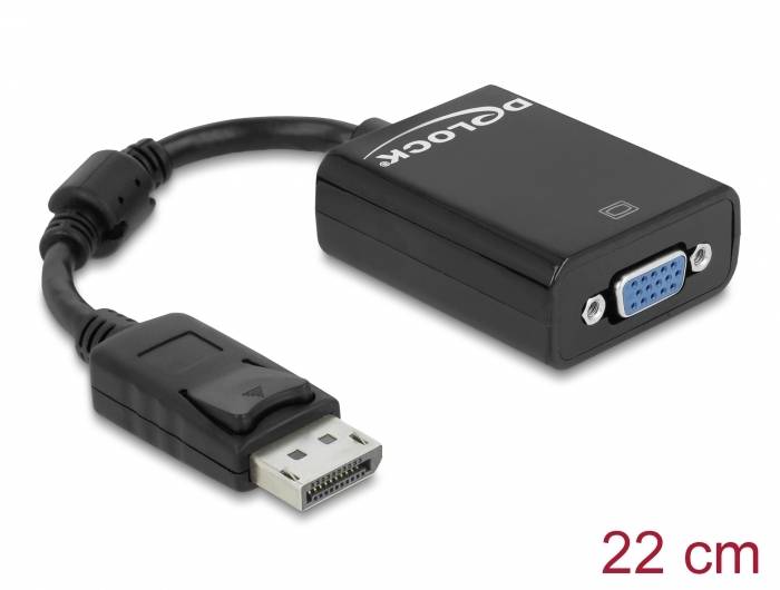 Adapterkabel, ca. 22 cm lang, zum Konvertieren eines DisplayPort- in einen VGA-Anschluss, schwarzes Gehäuse.