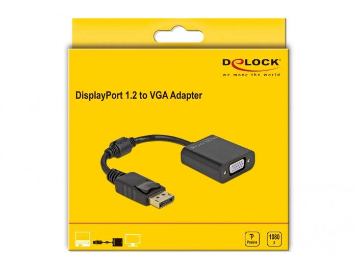 Verpackung eines DisplayPort 1.2 zu VGA Adapters von Delock mit schwarzem Kabel und Produktabbildung. Kompatibel mit 1080p Auflösung.
